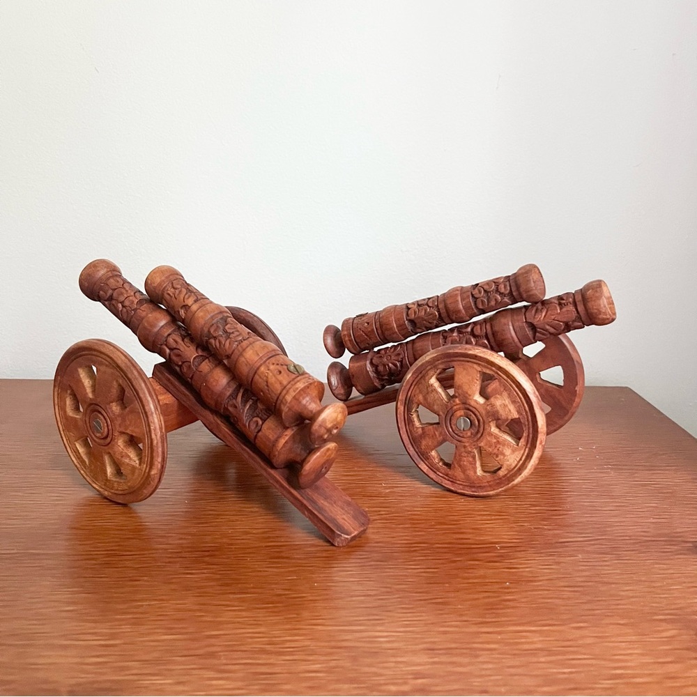 Intricate Handcarved Wooden Cannons Set of Two Made in India Beautiful